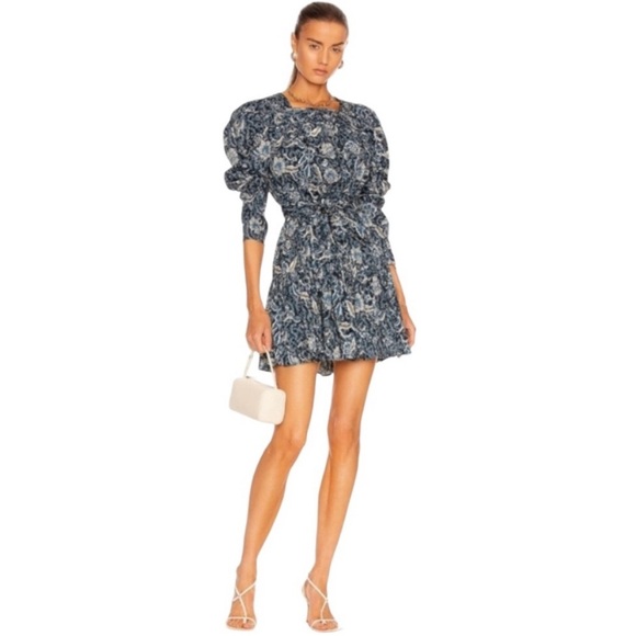 NWT Ulla Johnson Nailah Paisley Printed Puff Sleeve Blue Belted Mini Dress Sz 8 - Picture 1 of 16